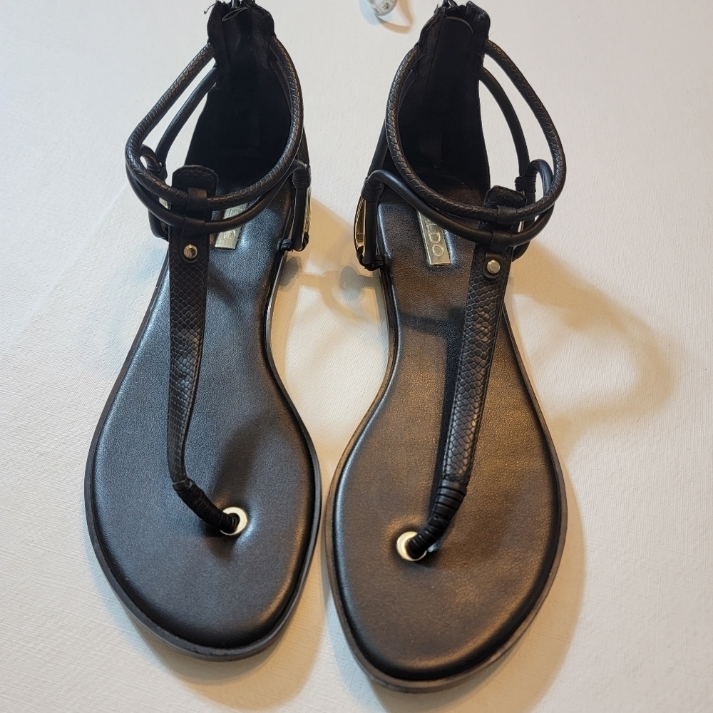 Aldo Black T-Strap Leather Flat Sandals